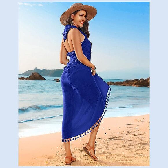 BEACH Sarong Pareo Womens Semi-Sheer Swimwear Cover Ups 19-royalblue-long - Picture 5 of 6